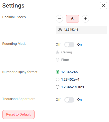 Settings menu of speed conversion calculator