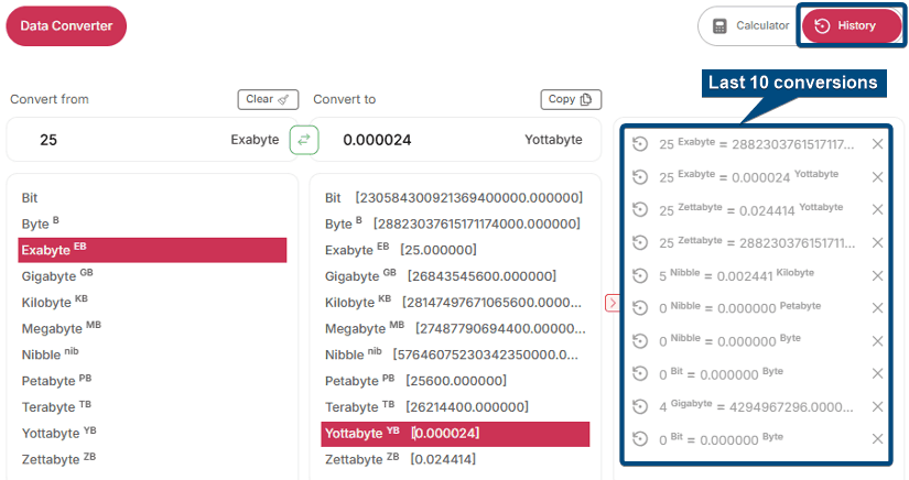 Recent 10 conversion history