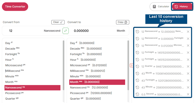 Last 10 conversion history